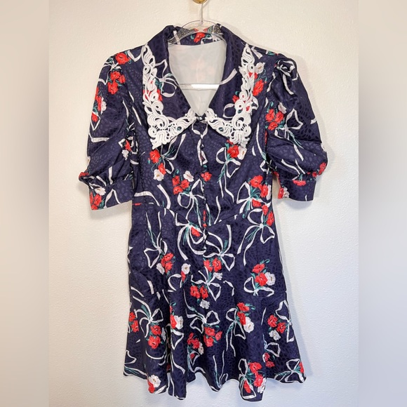 BURRYCO Floral Print Mini Puff Sleeve Lace Collar Flowy Dress Size 4 - Picture 3 of 16